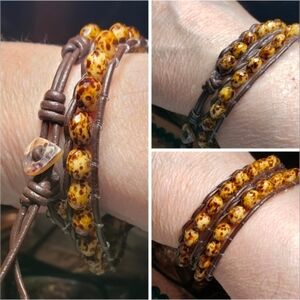 Handcrafted Leather Double Wrap Bracelet With Czech Glass Rondelle Beads
